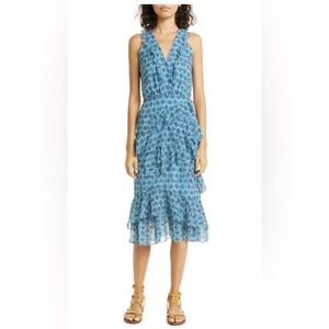 SALONI Blue Annisa Tiered Asymmetric Ruffle Silk Midi Dress Size US 8